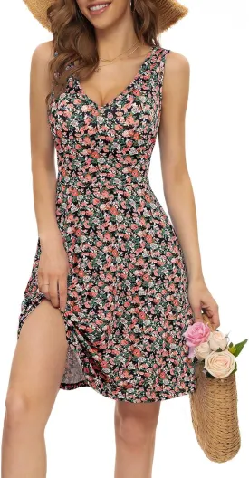 HUHOT Womens Sleeveless V Neck Dress with Pocket Summer Beach Midi Flared Tank Dress