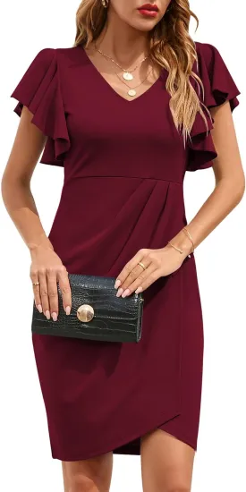 IHOT Women's V Neck Ruffle Sleeve Bodycon Sheath Wrap Ruched Casual Cocktail Party Work Dresses