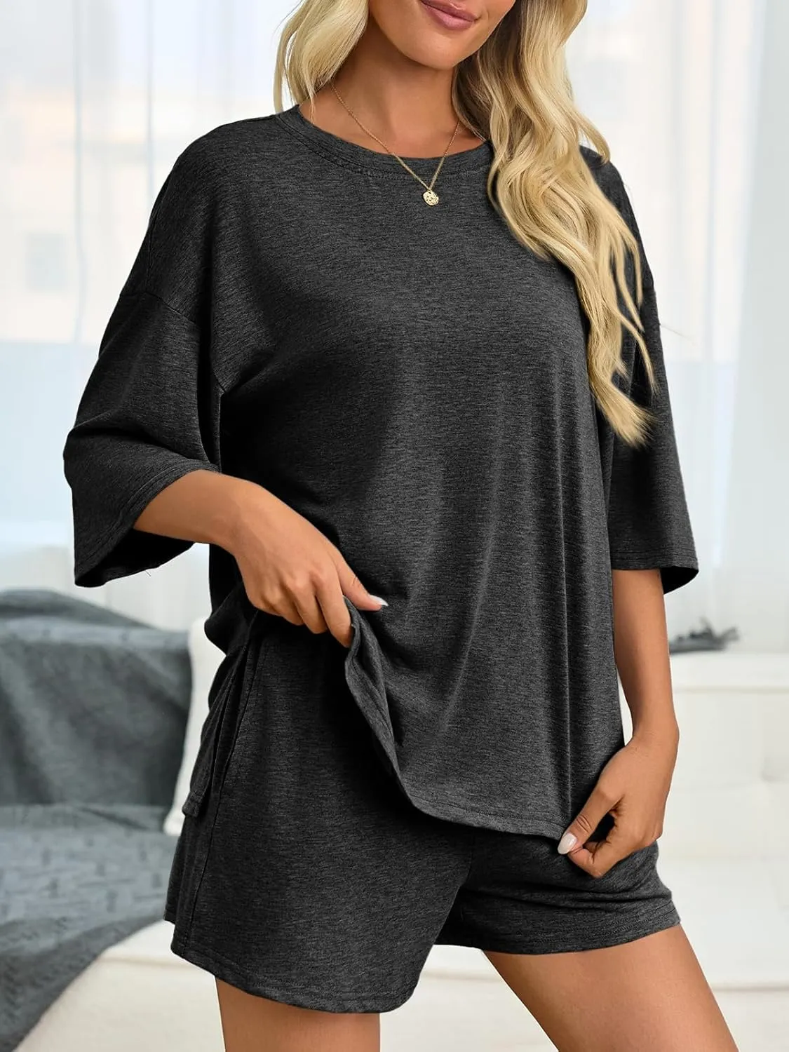 Imily Bela Women's Two Piece Lounge Set 2025 Summer Casual Oversized Shirts Biker Shorts Matching Airport Travel Outfit