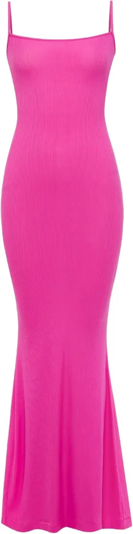 INLYRIC Women's Maxi Bodycon Dress Lounge Slip Spaghetti Strap Long Dresses Tank Ribbed Tight Dress Casual