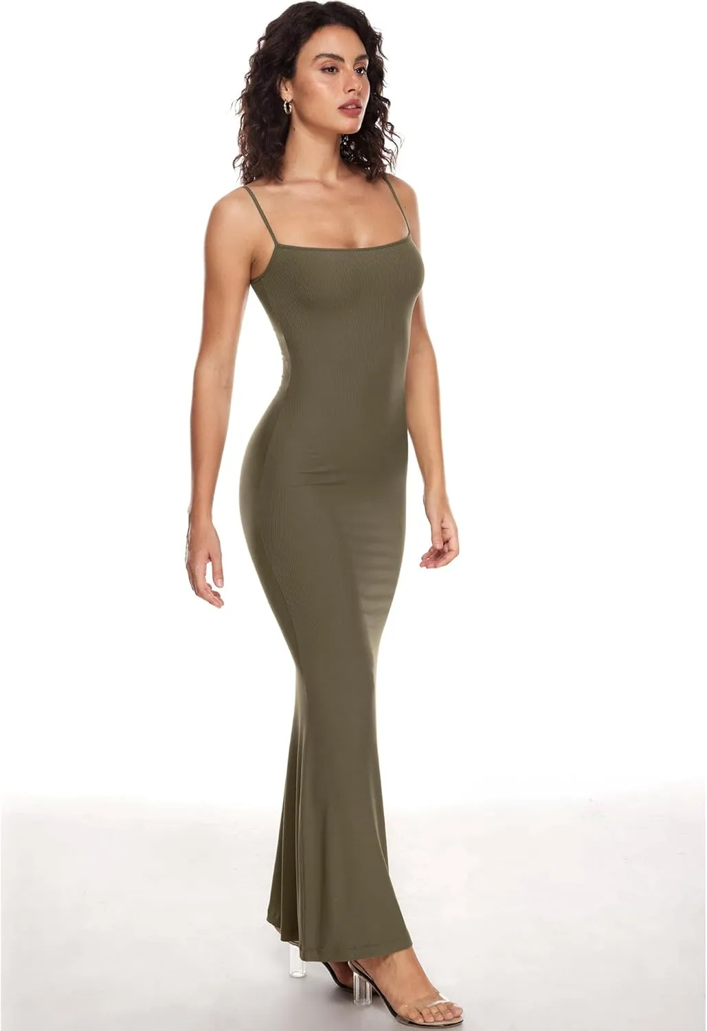 INLYRIC Women's Maxi Bodycon Dress Lounge Slip Spaghetti Strap Long Dresses Tank Ribbed Tight Dress Casual