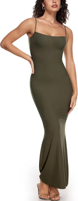 INLYRIC Women's Maxi Bodycon Dress Lounge Slip Spaghetti Strap Long Dresses Tank Ribbed Tight Dress Casual