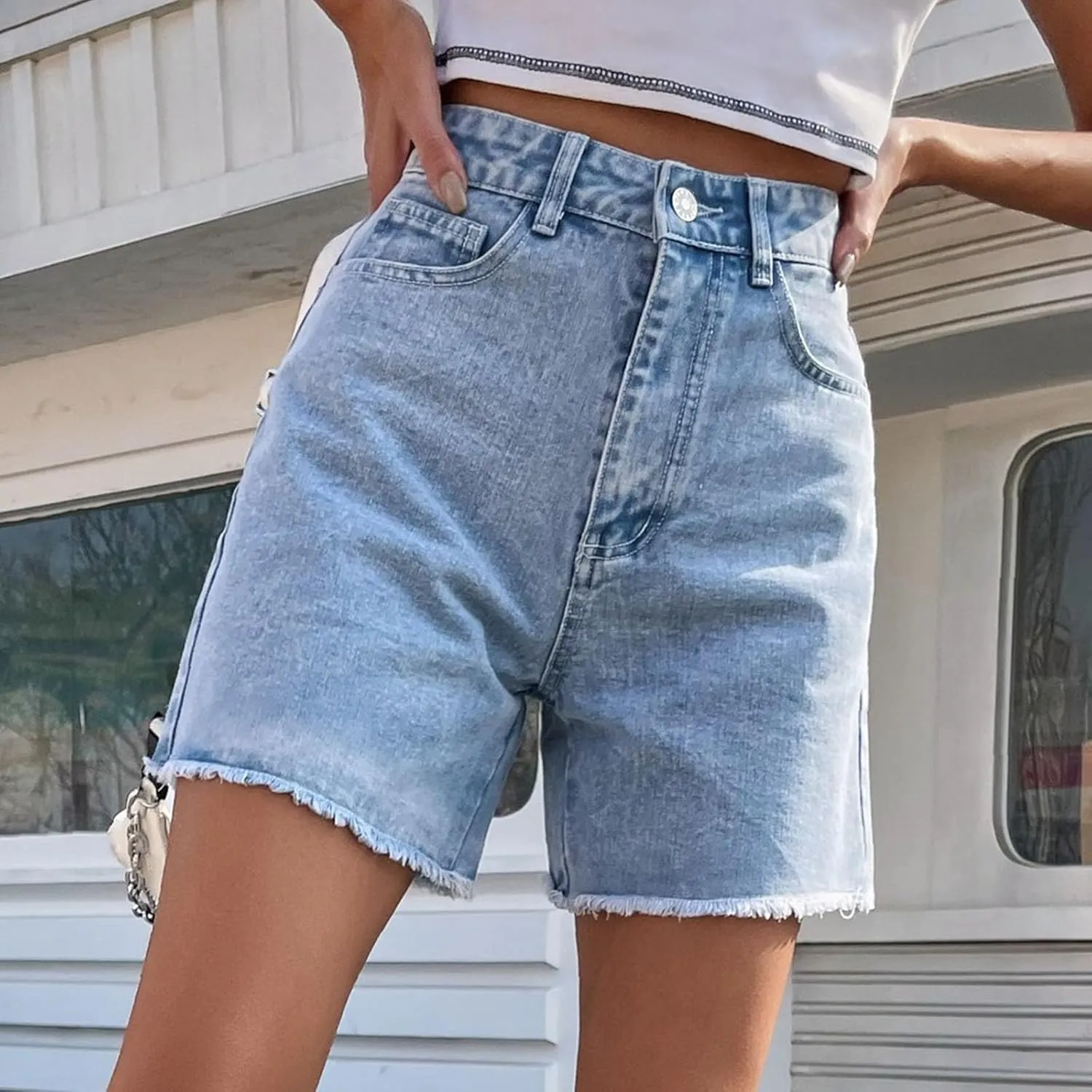 Jean Shorts for Women Trendy High Waisted Stretchy Denim Summer Raw Hem Mom Long Shorts Cutoff Jorts with Pockets