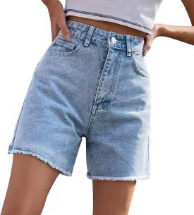 Jean Shorts for Women Trendy High Waisted Stretchy Denim Summer Raw Hem Mom Long Shorts Cutoff Jorts with Pockets