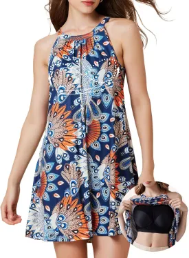 JOYSHAPER Built in Bra Summer Dress Casual Beach Sundress Flowy Halter Dress