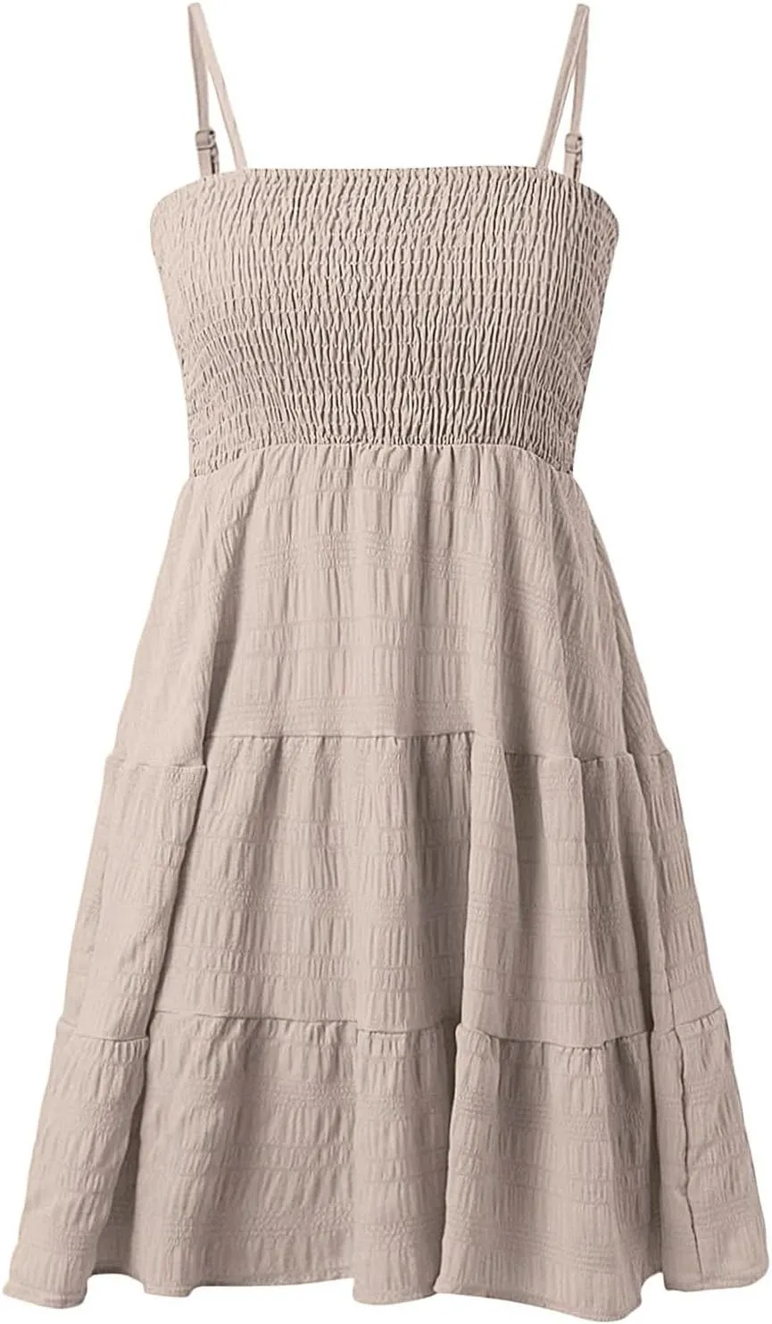 Kenvina Mini Sundresses for Women Smocked Square Neck Spaghetti Strap Skater Dress Summer Loose Comfy Tiered Ruffle Dress