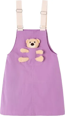 KIDSCOOL SPACE Girls Denim Overalls Dress,Cute Bear Simple Design Summer Colored Jumpsuit Dress and Set