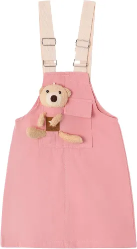 KIDSCOOL SPACE Girls Denim Overalls Dress,Cute Bear Simple Design Summer Colored Jumpsuit Dress and Set
