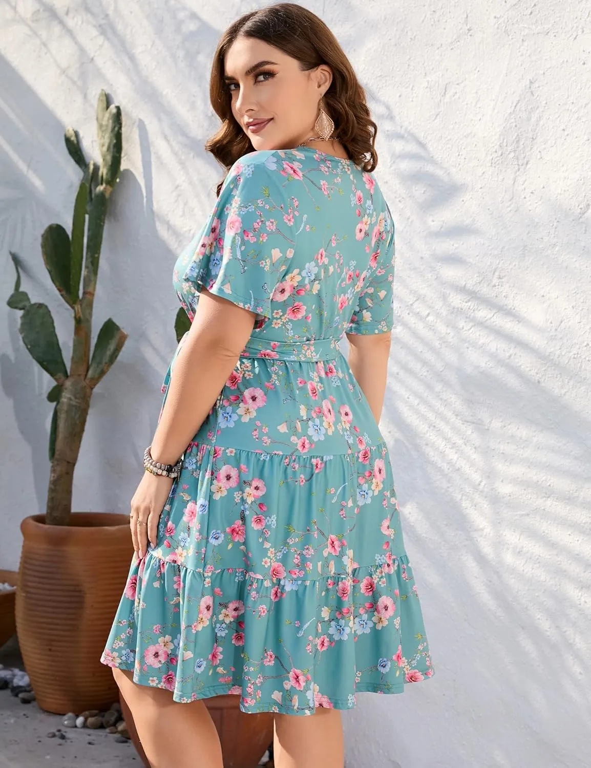 KOJOOIN Women Plus Size V Neck Wrap Dress High Waisted Short Sleeves Summer Casual Midi Dress with Belt