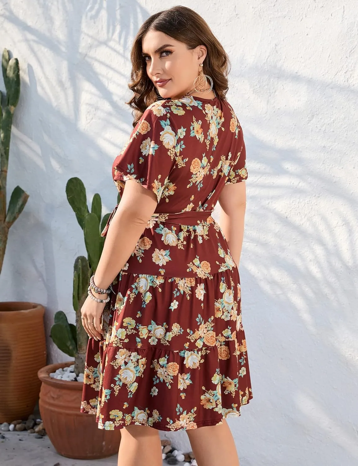 KOJOOIN Women Plus Size V Neck Wrap Dress High Waisted Short Sleeves Summer Casual Midi Dress with Belt