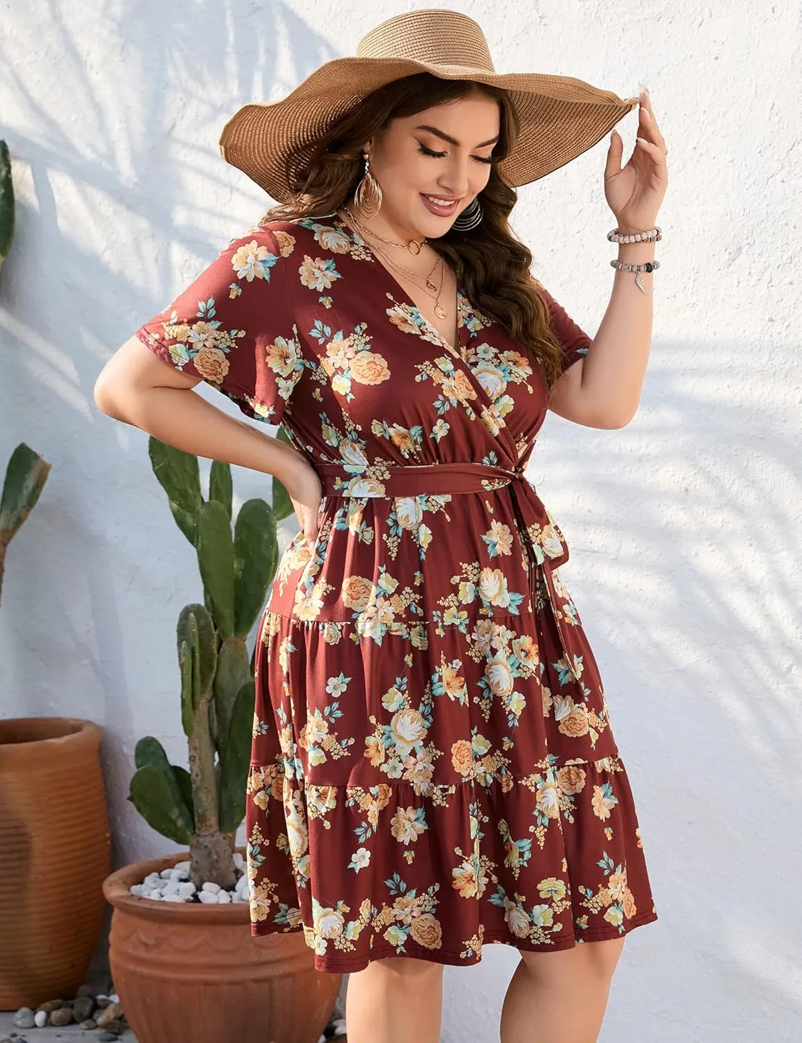 KOJOOIN Women Plus Size V Neck Wrap Dress High Waisted Short Sleeves Summer Casual Midi Dress with Belt