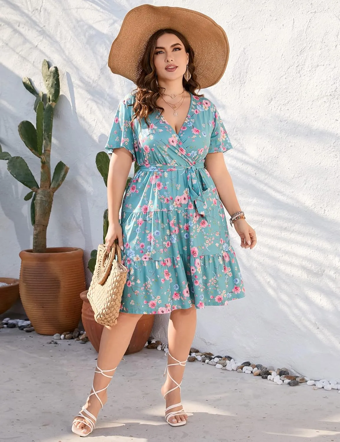 KOJOOIN Women Plus Size V Neck Wrap Dress High Waisted Short Sleeves Summer Casual Midi Dress with Belt