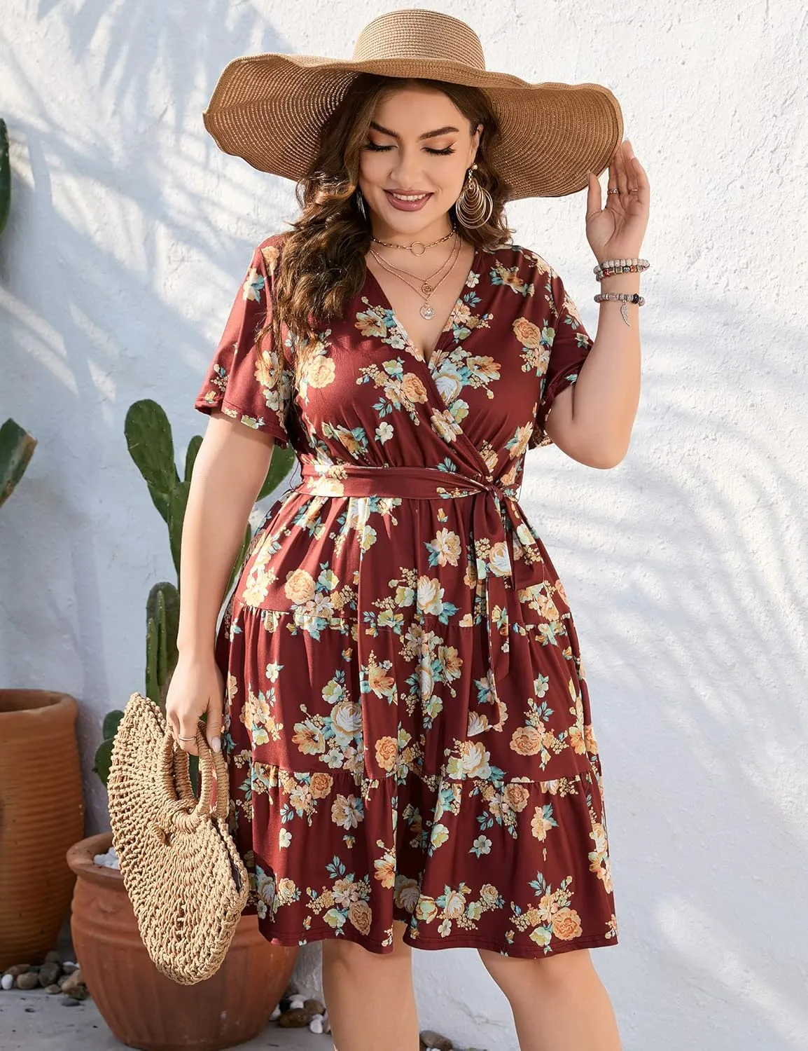 KOJOOIN Women Plus Size V Neck Wrap Dress High Waisted Short Sleeves Summer Casual Midi Dress with Belt