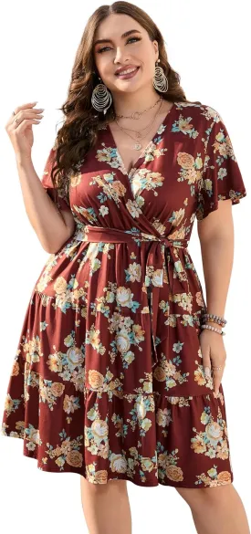 KOJOOIN Women Plus Size V Neck Wrap Dress High Waisted Short Sleeves Summer Casual Midi Dress with Belt