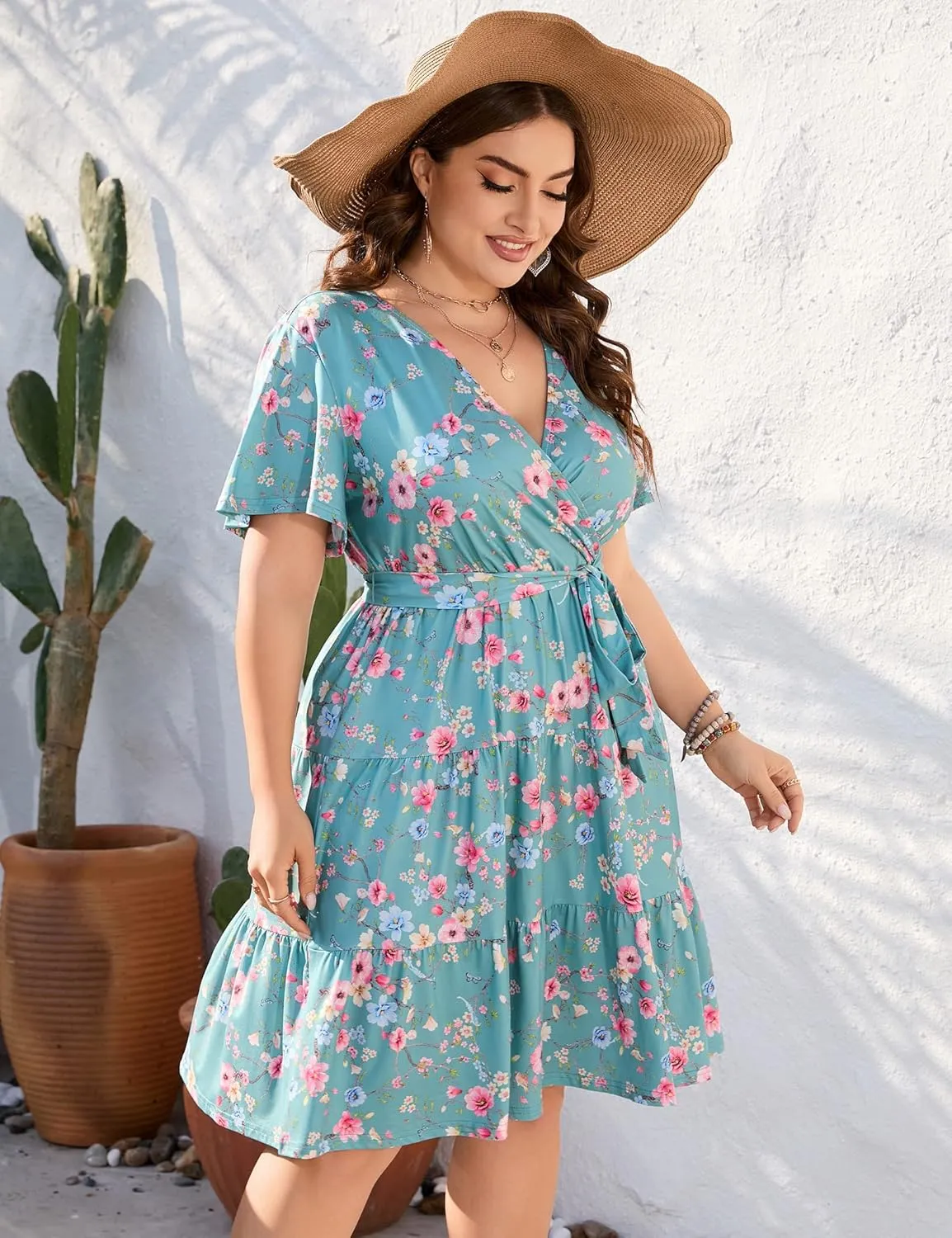 KOJOOIN Women Plus Size V Neck Wrap Dress High Waisted Short Sleeves Summer Casual Midi Dress with Belt