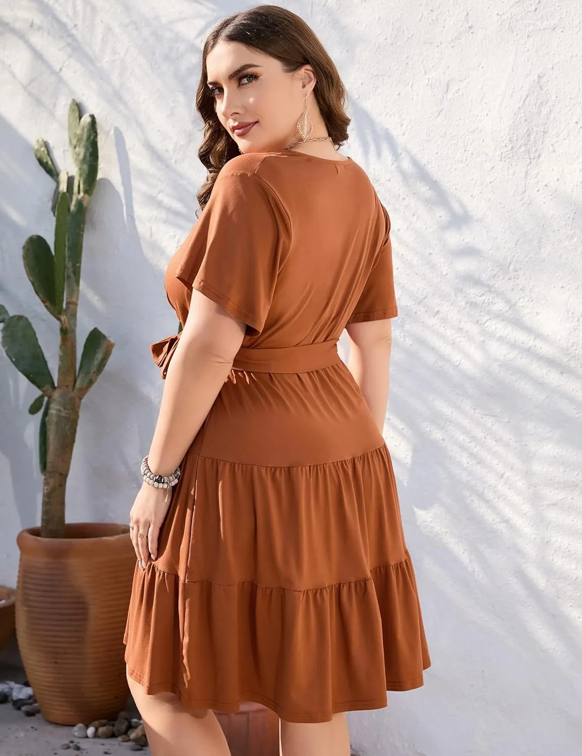 KOJOOIN Women Plus Size V Neck Wrap Dress High Waisted Short Sleeves Summer Casual Midi Dress with Belt