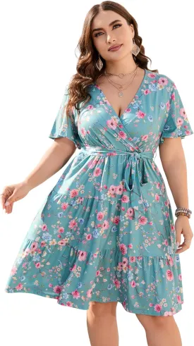 KOJOOIN Women Plus Size V Neck Wrap Dress High Waisted Short Sleeves Summer Casual Midi Dress with Belt