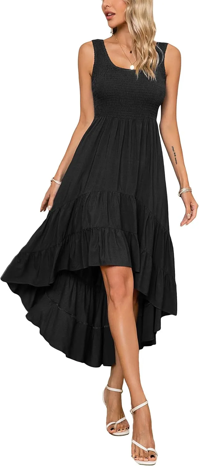 Kormei Women's Casual Smocked Tank Dress Sleeveless High Low Flowy Summer Beach Tiered Loose Maxi Long Dresses