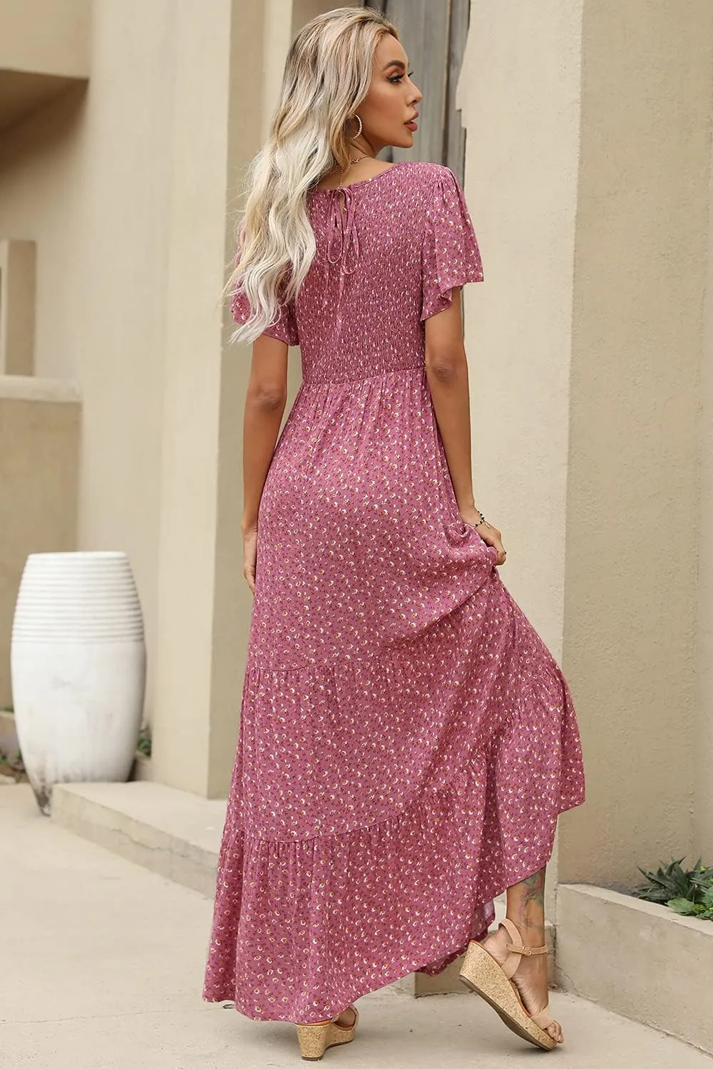 Kranda Women Summer Dress Round Neck Flutter Short Sleeve Smocked Ruffle Tiered Floral Maxi Dress 2024