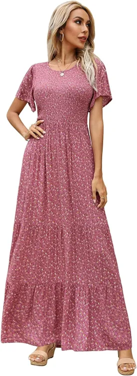 Kranda Women Summer Dress Round Neck Flutter Short Sleeve Smocked Ruffle Tiered Floral Maxi Dress 2024