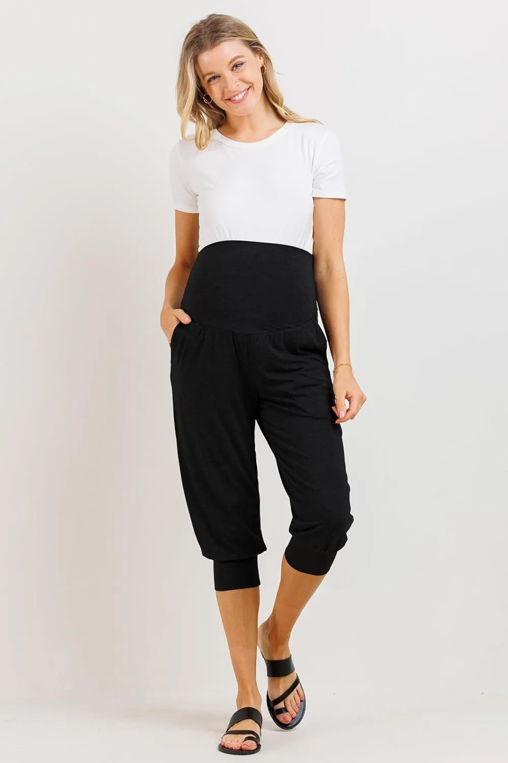 LaClef Womens Over The Belly Capri Jogger Maternity Pants with Pockets