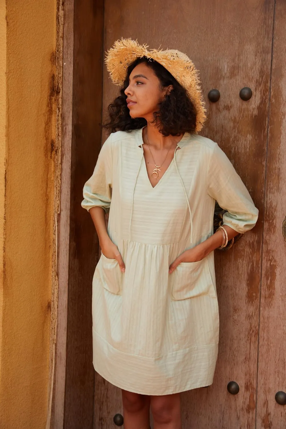 Lafural Womens V Neck Cotton Casual Loose Shift Tunic Smock Summer Dresses Vacation Dress 3/4 Sleeve Pocket