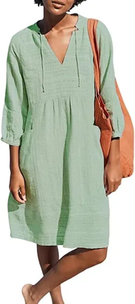 Lafural Womens V Neck Cotton Casual Loose Shift Tunic Smock Summer Dresses Vacation Dress 3/4 Sleeve Pocket