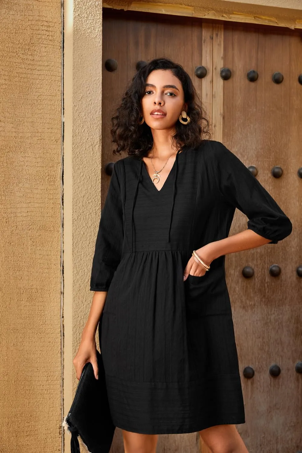 Lafural Womens V Neck Cotton Casual Loose Shift Tunic Smock Summer Dresses Vacation Dress 3/4 Sleeve Pocket