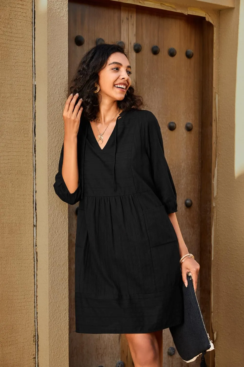 Lafural Womens V Neck Cotton Casual Loose Shift Tunic Smock Summer Dresses Vacation Dress 3/4 Sleeve Pocket