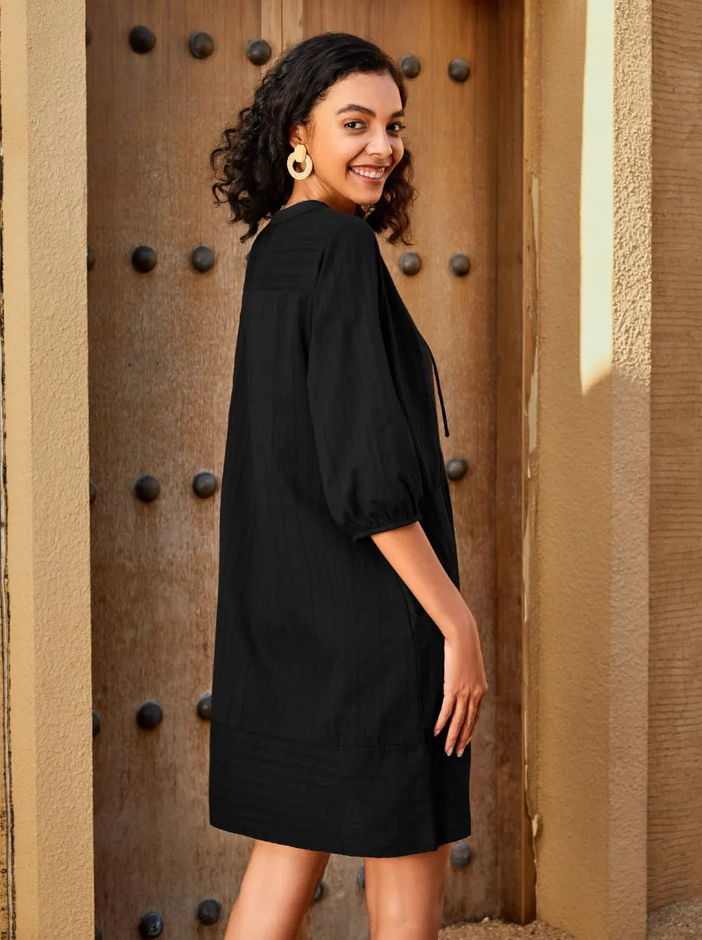 Lafural Womens V Neck Cotton Casual Loose Shift Tunic Smock Summer Dresses Vacation Dress 3/4 Sleeve Pocket