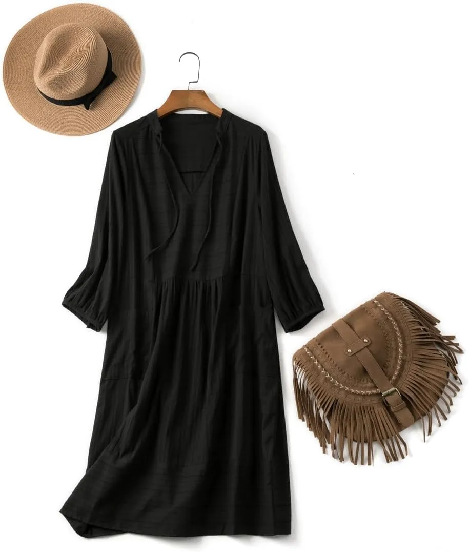 Lafural Womens V Neck Cotton Casual Loose Shift Tunic Smock Summer Dresses Vacation Dress 3/4 Sleeve Pocket