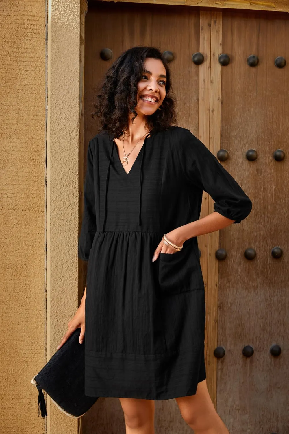 Lafural Womens V Neck Cotton Casual Loose Shift Tunic Smock Summer Dresses Vacation Dress 3/4 Sleeve Pocket