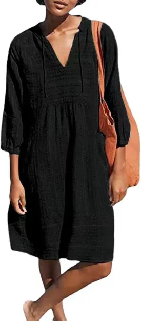 Lafural Womens V Neck Cotton Casual Loose Shift Tunic Smock Summer Dresses Vacation Dress 3/4 Sleeve Pocket