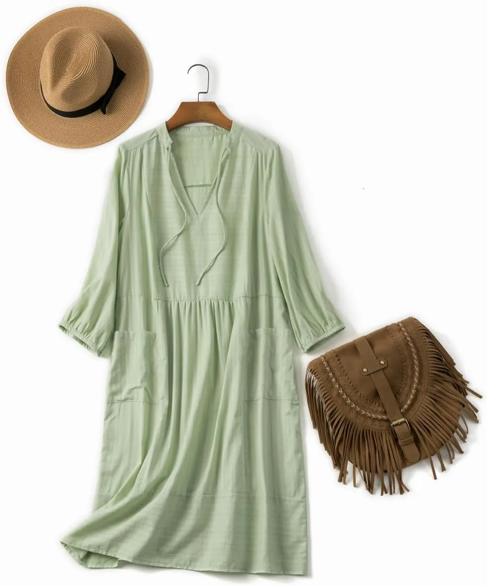 Lafural Womens V Neck Cotton Casual Loose Shift Tunic Smock Summer Dresses Vacation Dress 3/4 Sleeve Pocket