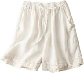 Linen Shorts for Women 2025 Summer Casual Lace Embroidery Shorts Comfy Elastic Waist Gauze Lounge Short with Pockets
