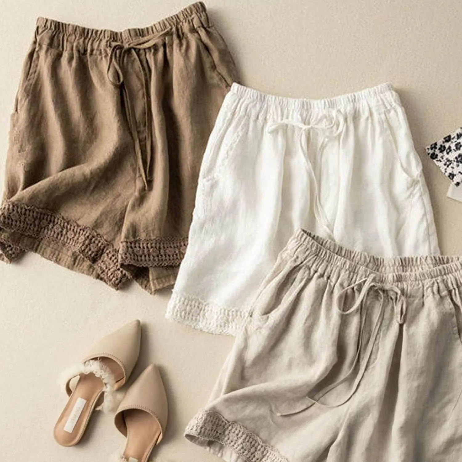 Linen Shorts for Women 2025 Summer Casual Lace Embroidery Shorts Comfy Elastic Waist Gauze Lounge Short with Pockets
