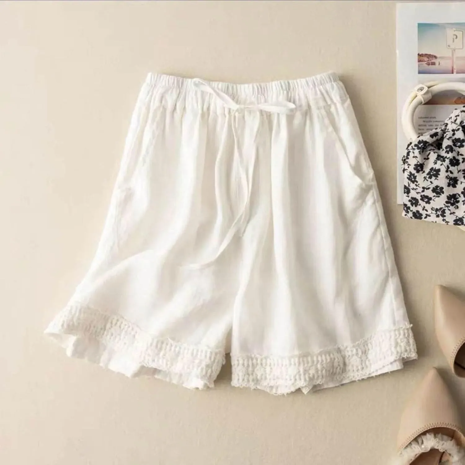 Linen Shorts for Women 2025 Summer Casual Lace Embroidery Shorts Comfy Elastic Waist Gauze Lounge Short with Pockets