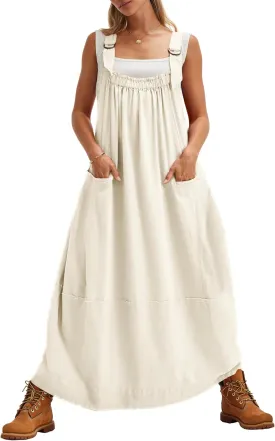 Locachy Women's Casual Midi Dress Baggy Loose Adjustable Straps Maxi Length Overall Jumpsuits with Pockets