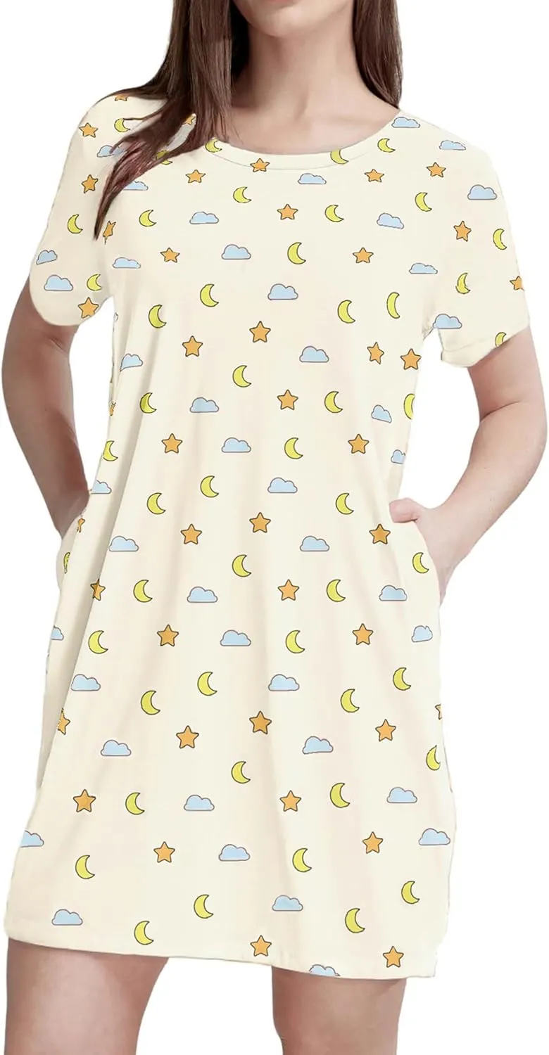 MAKABO Womens Nightgowns For Comfy Soft Short Sleeve Casual Print Sleepshirt Nightshirts Loungewear With Pockets