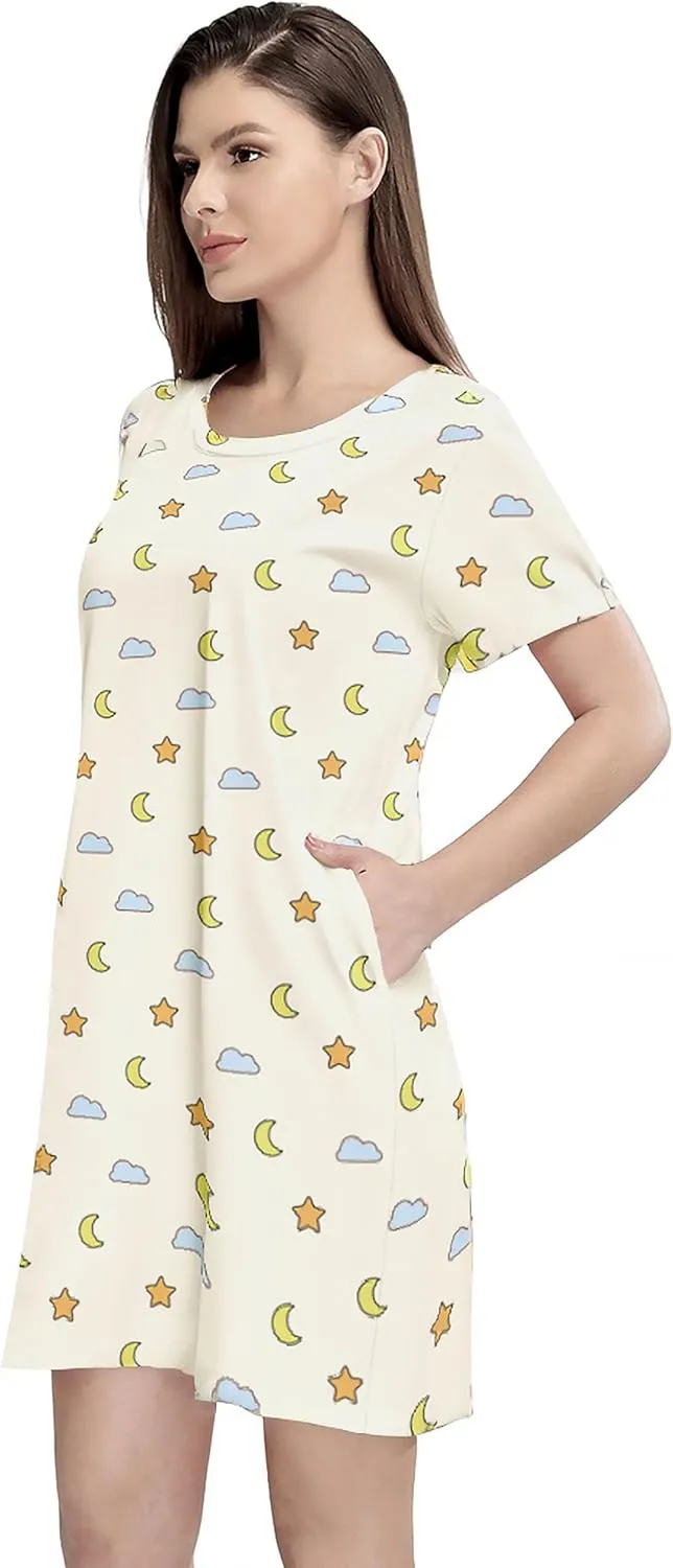MAKABO Womens Nightgowns For Comfy Soft Short Sleeve Casual Print Sleepshirt Nightshirts Loungewear With Pockets
