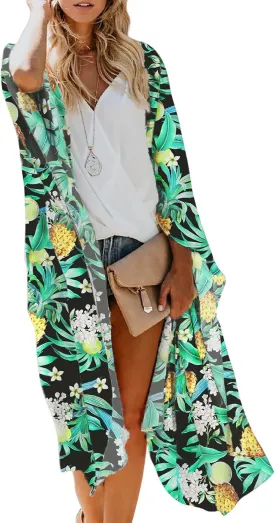MayBuy Women's Summer Long Flowy Kimono Cardigans Boho Chiffon Beach Cover Up Tops