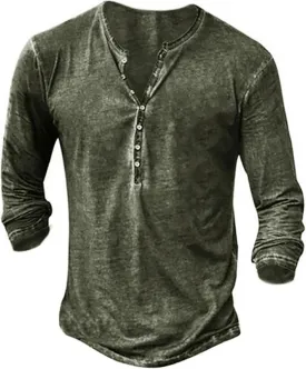 Mens Distressed Henley Shirts Front Placket Retro Long Sleeve Tee Shirts Casual Button Down Washed T-Shirts for Men