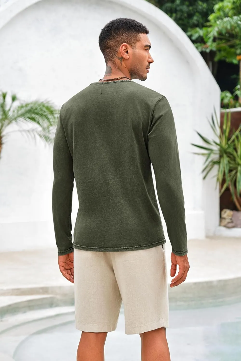 Mens Distressed Henley Shirts Front Placket Retro Long Sleeve Tee Shirts Casual Button Down Washed T-Shirts for Men