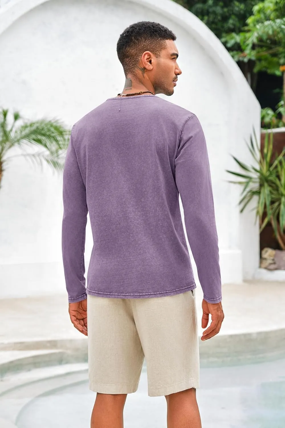 Mens Distressed Henley Shirts Front Placket Retro Long Sleeve Tee Shirts Casual Button Down Washed T-Shirts for Men