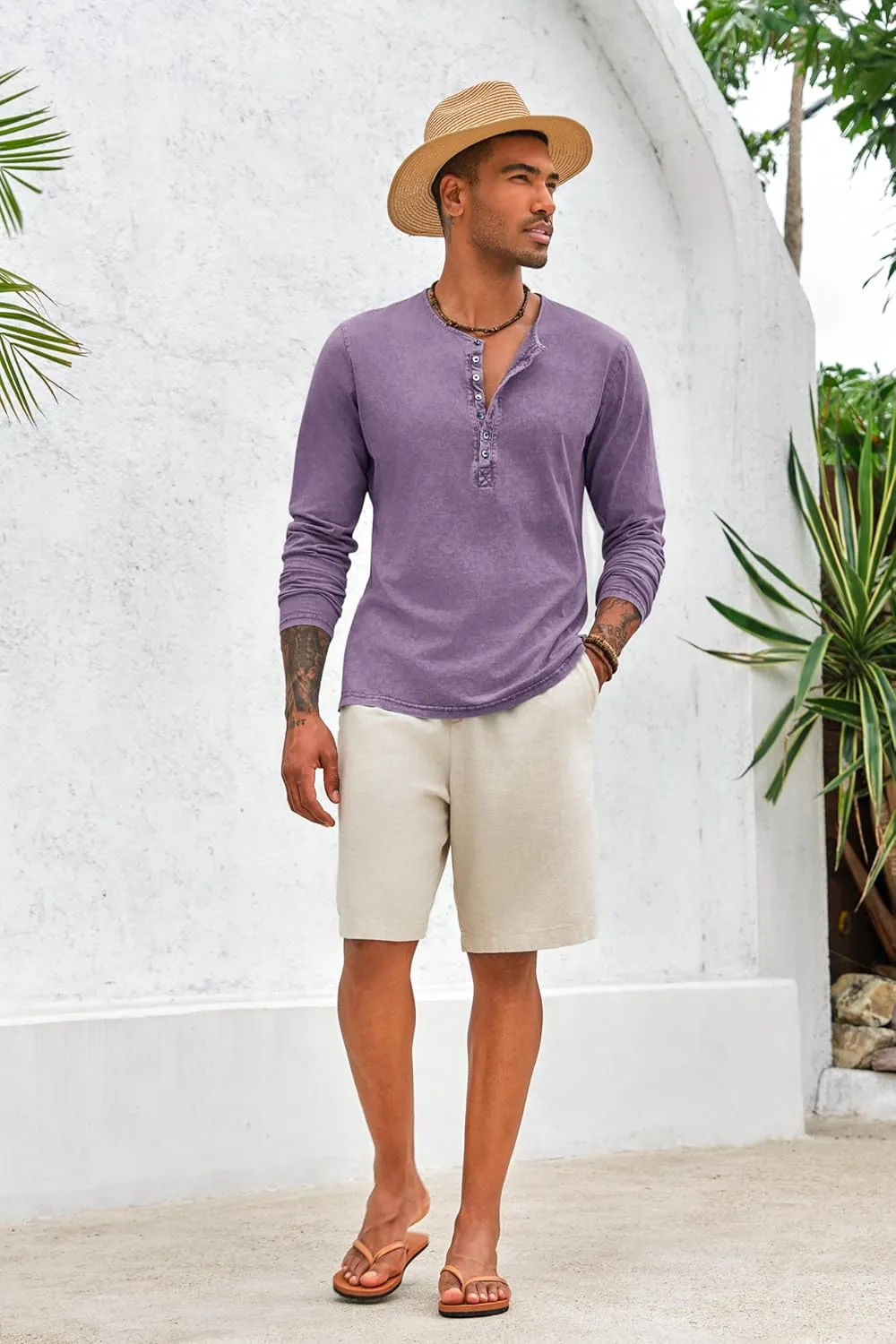 Mens Distressed Henley Shirts Front Placket Retro Long Sleeve Tee Shirts Casual Button Down Washed T-Shirts for Men