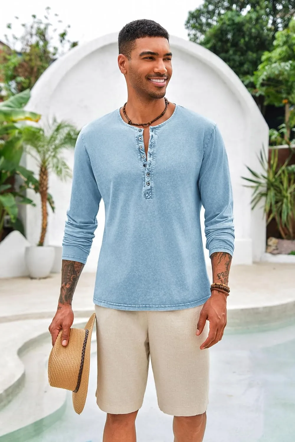 Mens Distressed Henley Shirts Front Placket Retro Long Sleeve Tee Shirts Casual Button Down Washed T-Shirts for Men
