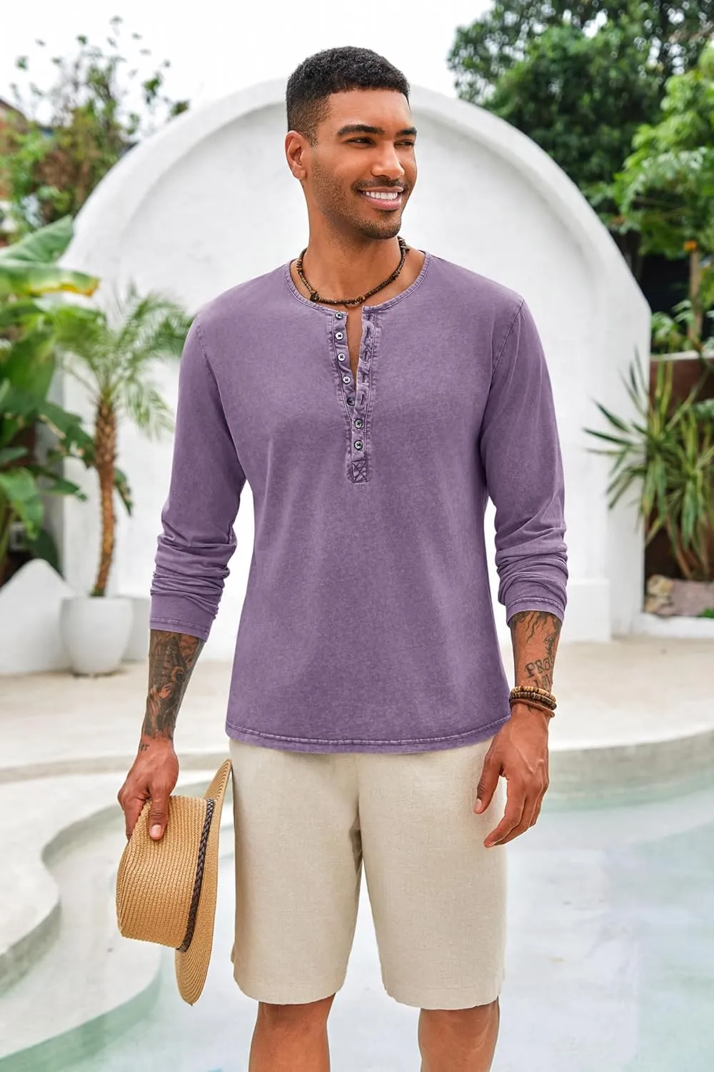 Mens Distressed Henley Shirts Front Placket Retro Long Sleeve Tee Shirts Casual Button Down Washed T-Shirts for Men