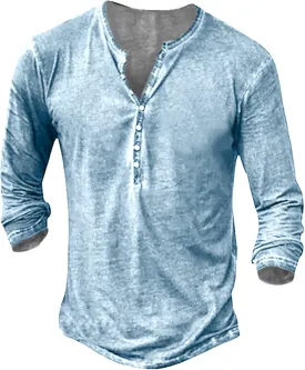Mens Distressed Henley Shirts Front Placket Retro Long Sleeve Tee Shirts Casual Button Down Washed T-Shirts for Men