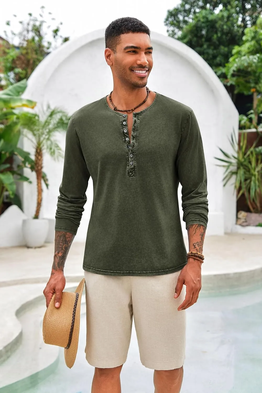 Mens Distressed Henley Shirts Front Placket Retro Long Sleeve Tee Shirts Casual Button Down Washed T-Shirts for Men