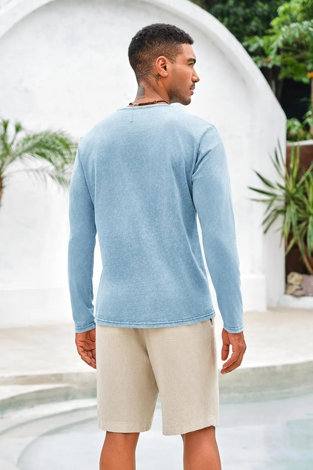 Mens Distressed Henley Shirts Front Placket Retro Long Sleeve Tee Shirts Casual Button Down Washed T-Shirts for Men